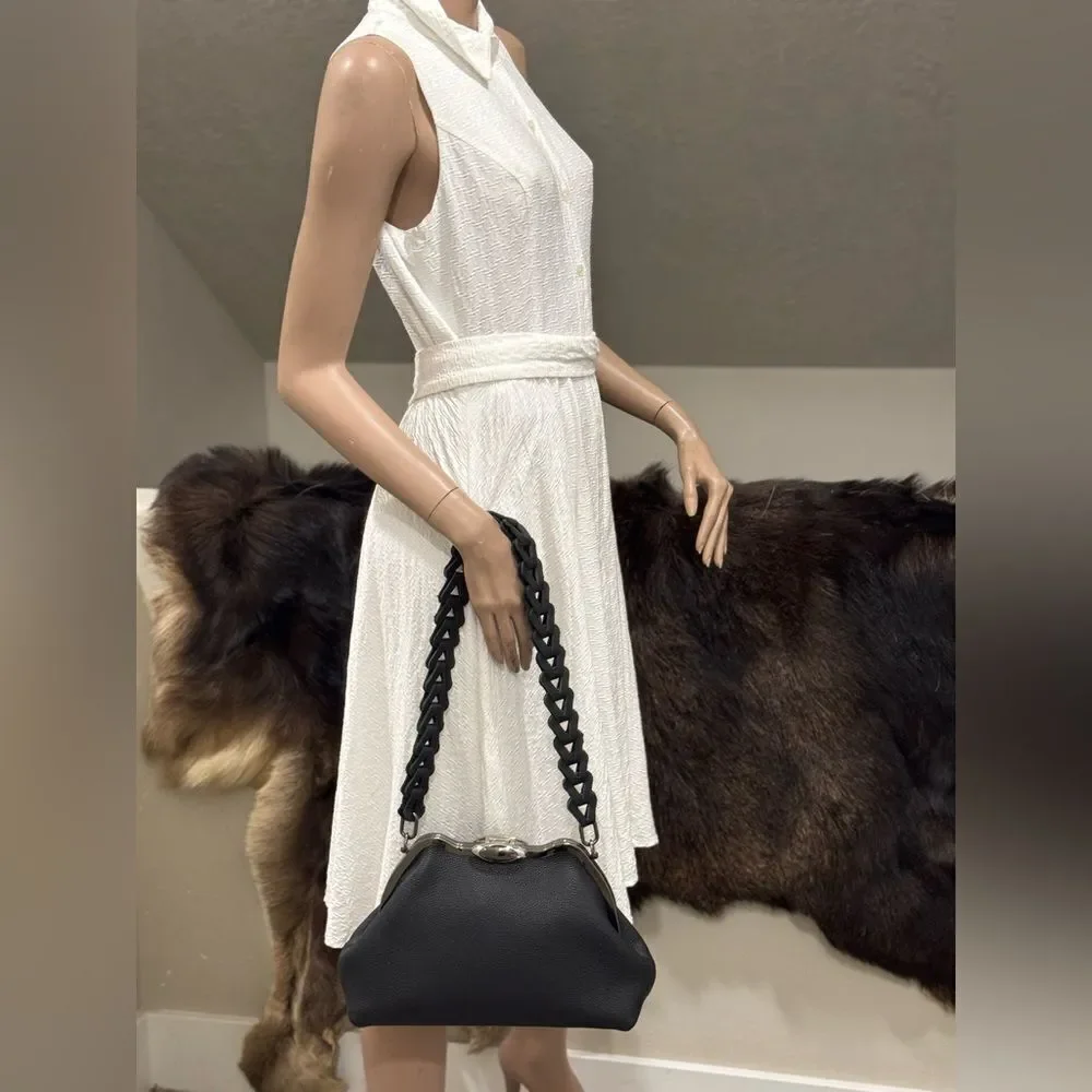 Black Togo Cowhide Leather Handmade Custom Metal Frame Handbag & 2 Strap Styles